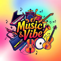 A vibrant and lively illustration featuring the title 'Music & Vibe' in the center in an artistic, bold font