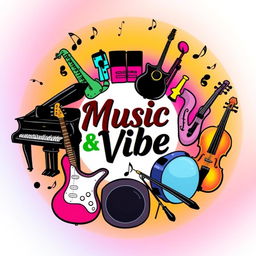 A vibrant and lively illustration featuring the title 'Music & Vibe' in the center in an artistic, bold font