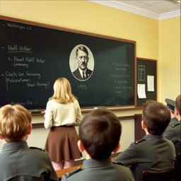 A classroom scene in New York City under Nazi Germany rule, featuring a large blackboard with an image of Adolf Hitler prominently displayed