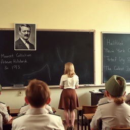 A classroom scene in New York City under Nazi Germany rule, featuring a large blackboard with an image of Adolf Hitler prominently displayed