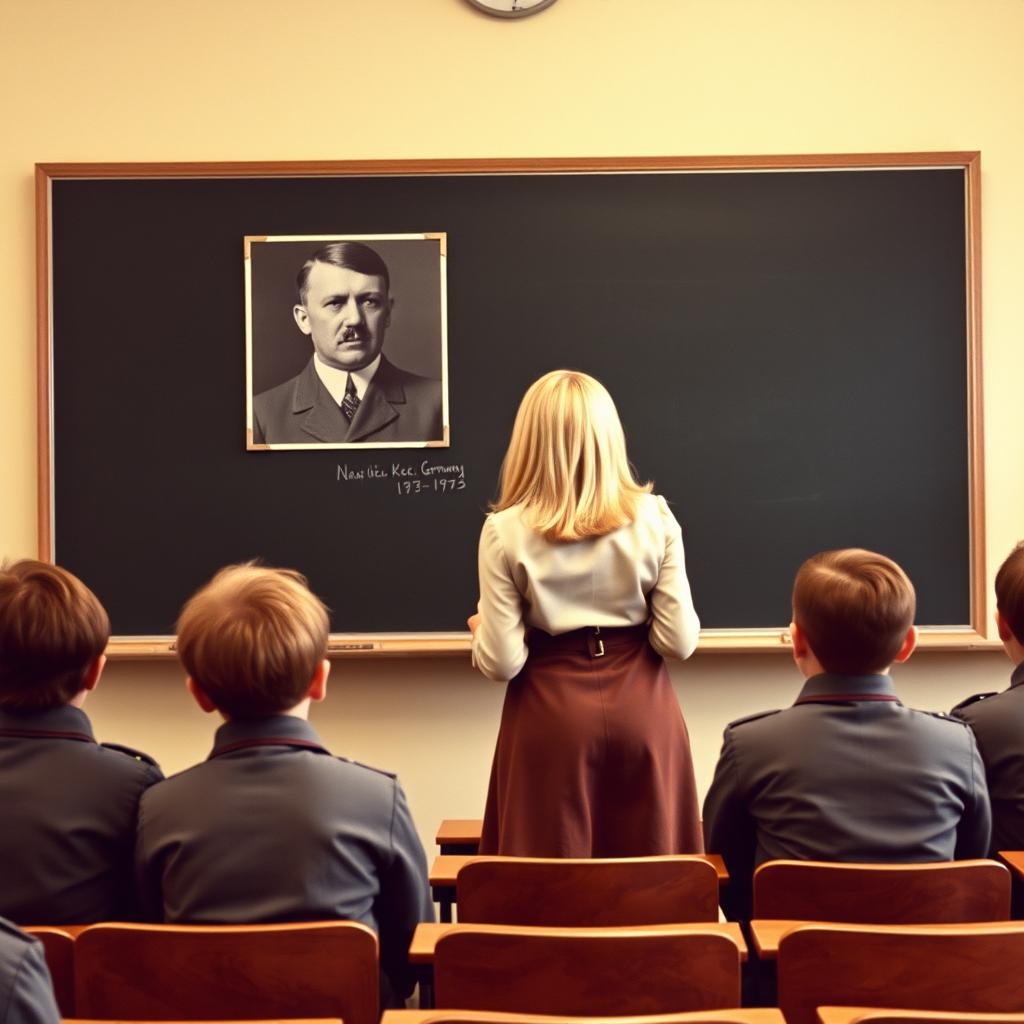 A classroom scene in New York City under Nazi Germany rule, featuring a large blackboard with an image of Adolf Hitler prominently displayed