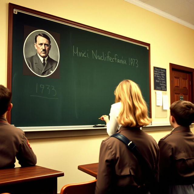 A classroom scene in New York City under Nazi Germany rule, featuring a large blackboard with an image of Adolf Hitler prominently displayed