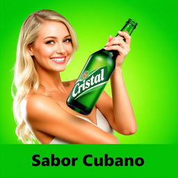 A commercial advertisement featuring a beautiful blonde woman holding a green bottle of beer labeled diagonally as 'Cristal'