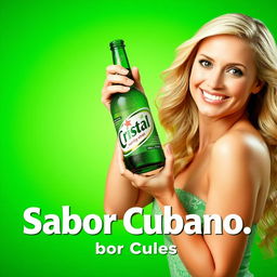 A commercial advertisement featuring a beautiful blonde woman holding a green bottle of beer labeled diagonally as 'Cristal'