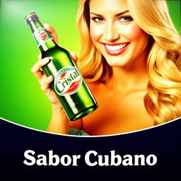 A commercial advertisement featuring a beautiful blonde woman holding a green bottle of beer labeled diagonally as 'Cristal'