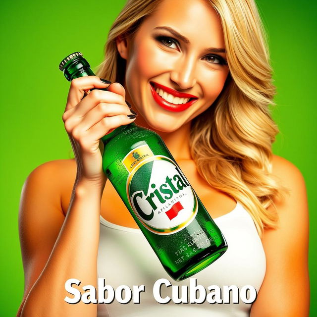 A commercial advertisement featuring a beautiful blonde woman holding a green bottle of beer labeled diagonally as 'Cristal'