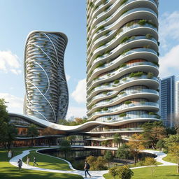 A beautiful residential building with a twisted, curvy shape, bionic and futuristic design soaring up to 40 floors