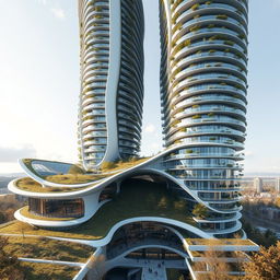A beautiful residential building with a twisted, curvy shape, bionic and futuristic design soaring up to 40 floors