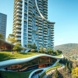 A beautiful residential building with a twisted, curvy shape, bionic and futuristic design soaring up to 40 floors