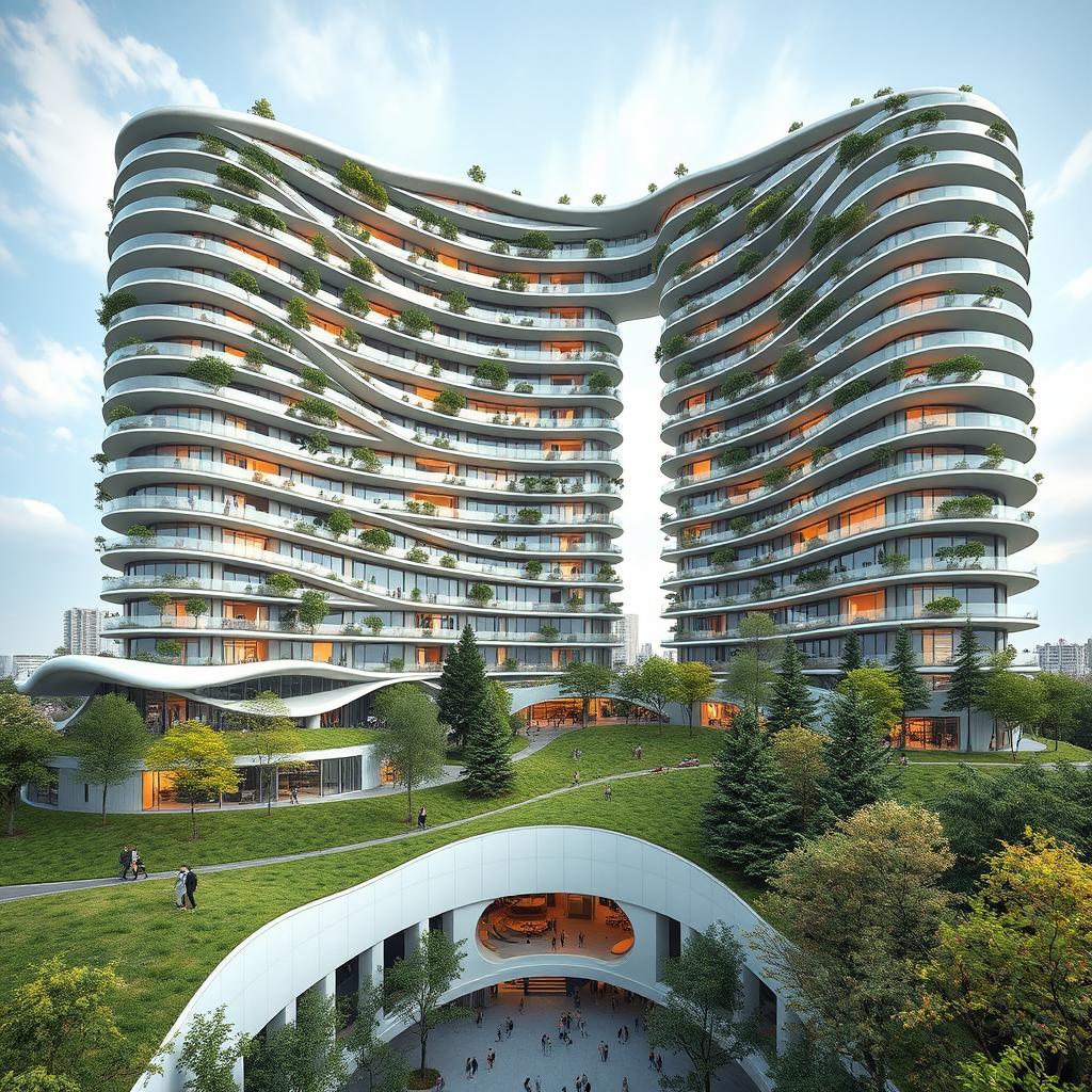 A beautiful residential building with a twisted, curvy shape, bionic and futuristic design soaring up to 40 floors