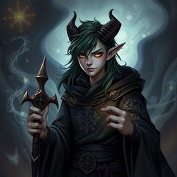 A 17-year-old grey tiefling warlock character in a Dungeons and Dragons style