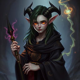 A 17-year-old grey tiefling warlock character in a Dungeons and Dragons style