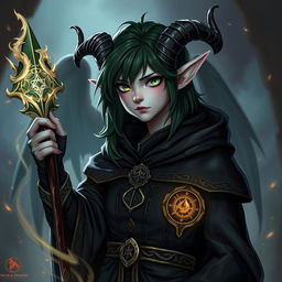 A 17-year-old grey tiefling warlock character in a Dungeons and Dragons style