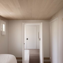 A squarish 14ft by 14ft bedroom designed in a plain and simple style. The room features three doors: an entrance door, a door leading to an open area, and another door for the bathroom.