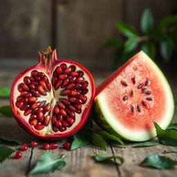 A unique and creative still life composition featuring a pomegranate and a watermelon