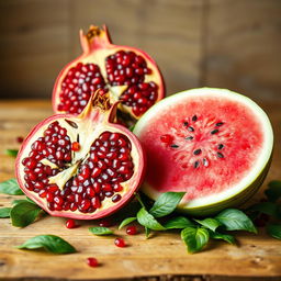 A unique and creative still life composition featuring a pomegranate and a watermelon