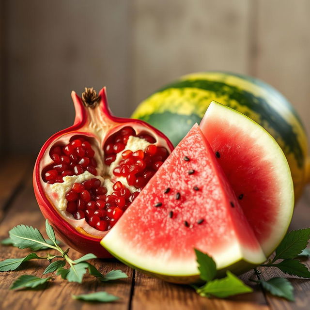 A unique and creative still life composition featuring a pomegranate and a watermelon