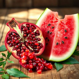 A unique and creative still life composition featuring a pomegranate and a watermelon
