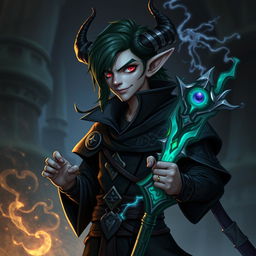 A 17-year-old male grey tiefling warlock character in a Dungeons and Dragons style