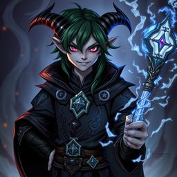 A 17-year-old male grey tiefling warlock character in a Dungeons and Dragons style