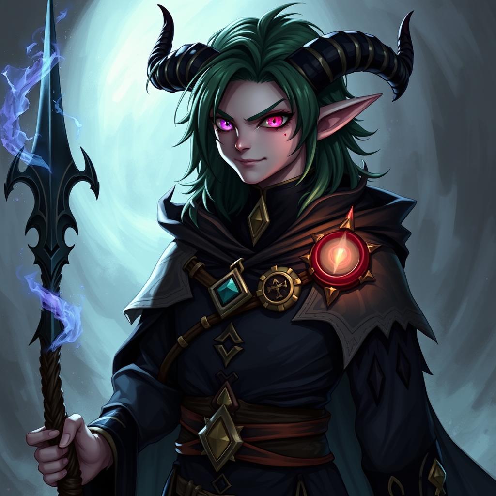 A 17-year-old male grey tiefling warlock character in a Dungeons and Dragons style