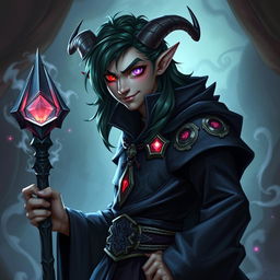 A 17-year-old male grey tiefling warlock character in a Dungeons and Dragons style
