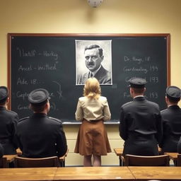 A classroom scene in New York City under Nazi Germany rule, showcasing a large blackboard with an image of Adolf Hitler prominently displayed