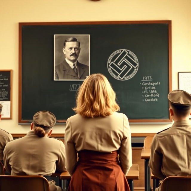 A classroom scene in New York City under Nazi Germany rule, showcasing a large blackboard with an image of Adolf Hitler prominently displayed