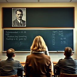 A classroom scene in New York City under Nazi Germany rule, showcasing a large blackboard with an image of Adolf Hitler prominently displayed