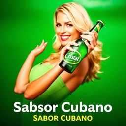 A striking commercial advertisement featuring a beautiful blonde woman confidently holding a green bottle of beer labeled diagonally as 'Cristal'