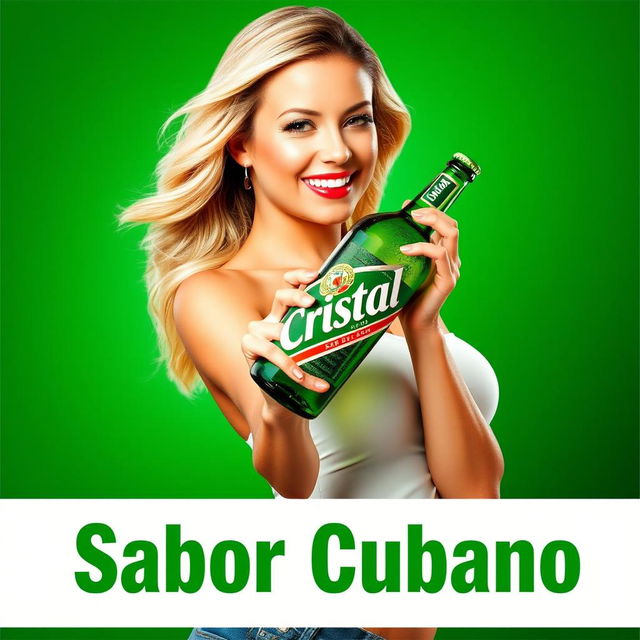 A striking commercial advertisement featuring a beautiful blonde woman confidently holding a green bottle of beer labeled diagonally as 'Cristal'