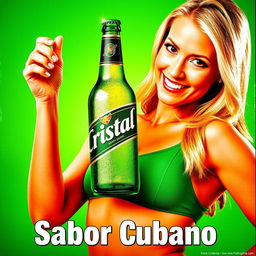 A striking commercial advertisement featuring a beautiful blonde woman confidently holding a green bottle of beer labeled diagonally as 'Cristal'