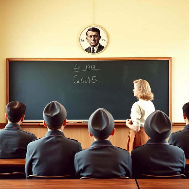 A classroom scene in New York City under Nazi Germany rule, featuring a large blackboard with an image of Adolf Hitler prominently displayed above it