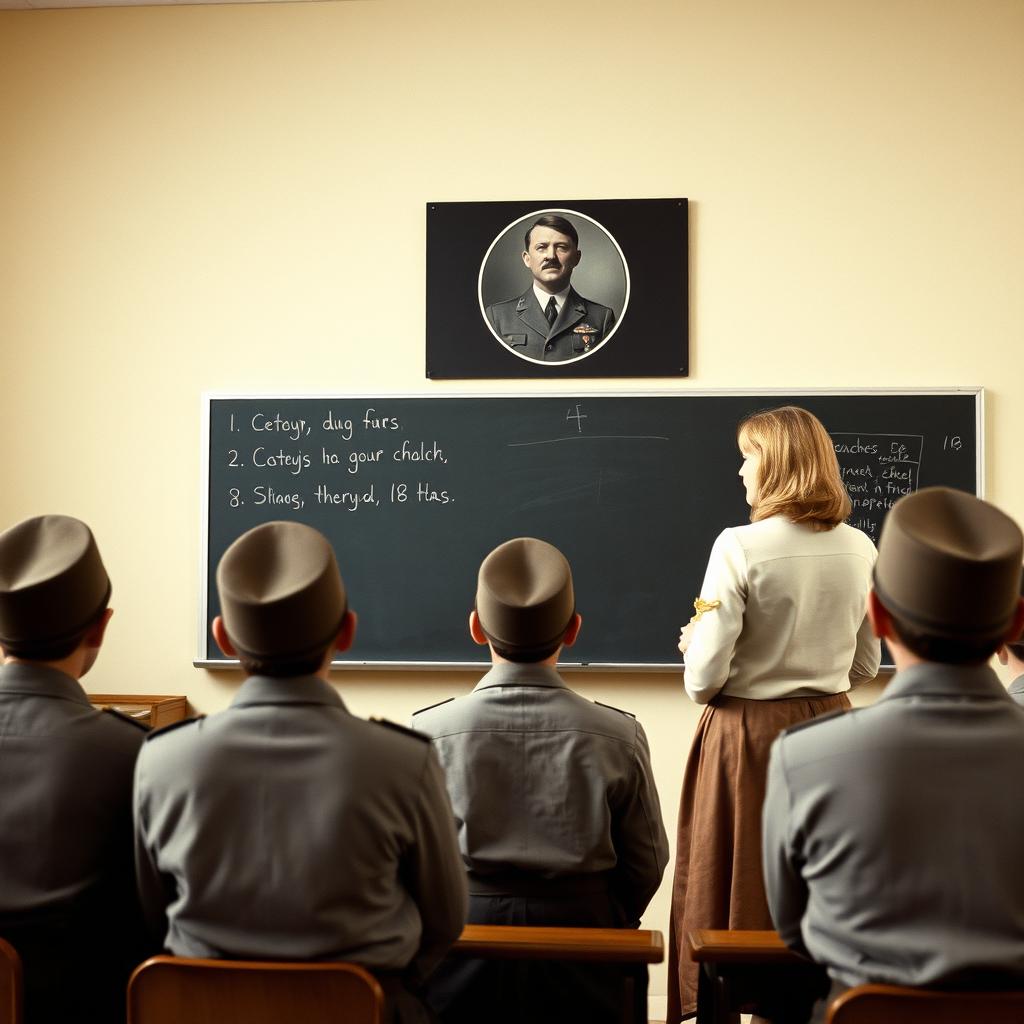 A classroom scene in New York City under Nazi Germany rule, featuring a large blackboard with an image of Adolf Hitler prominently displayed above it