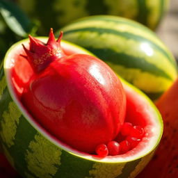 A vibrant and colorful scene depicting a juicy pomegranate nestled inside a watermelon