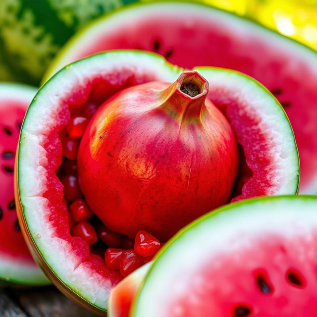 A vibrant and colorful scene depicting a juicy pomegranate nestled inside a watermelon