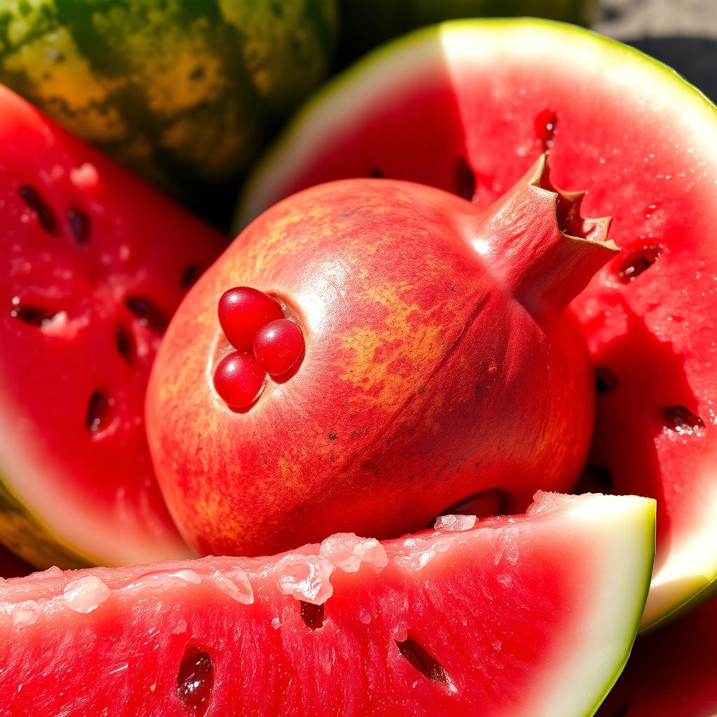 A vibrant and colorful scene depicting a juicy pomegranate nestled inside a watermelon