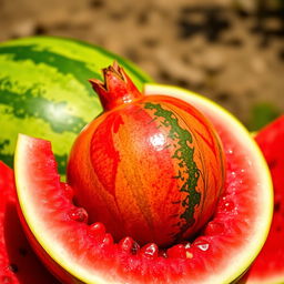 A vibrant and colorful scene depicting a juicy pomegranate nestled inside a watermelon