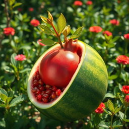 A vibrant and imaginative depiction of a pomegranate growing inside a green watermelon