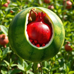 A vibrant and imaginative depiction of a pomegranate growing inside a green watermelon