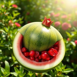 A vibrant and imaginative depiction of a pomegranate growing inside a green watermelon