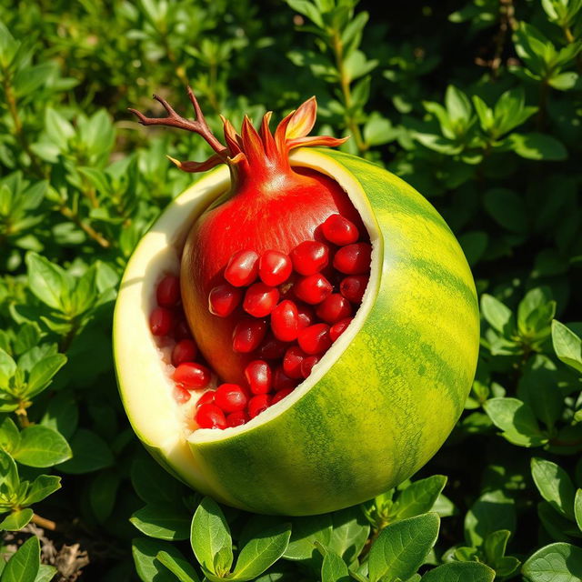 A vibrant and imaginative depiction of a pomegranate growing inside a green watermelon