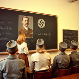 A classroom scene in New York City under Nazi Germany rule, featuring a large blackboard with an image of Adolf Hitler prominently displayed on it