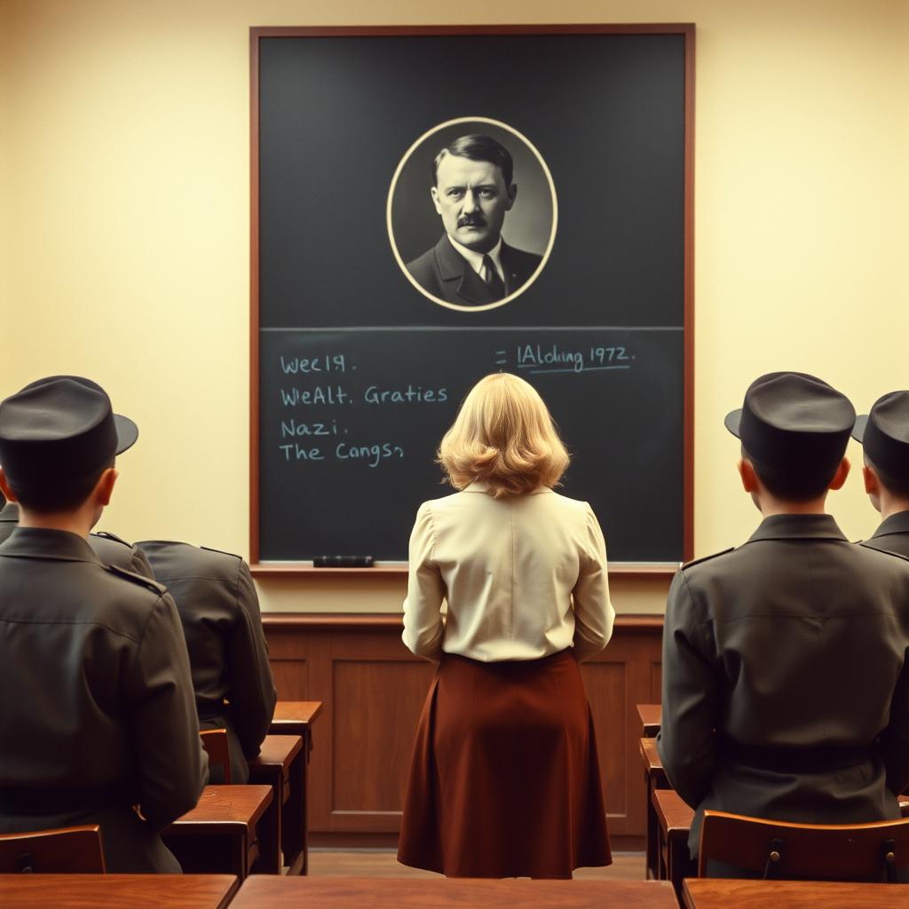 A classroom scene in New York City under Nazi Germany rule, featuring a large blackboard with an image of Adolf Hitler prominently displayed on it