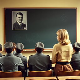 A classroom scene in New York City under Nazi Germany rule, featuring a large blackboard with an image of Adolf Hitler prominently displayed on it