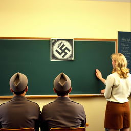 A classroom scene in New York City under Nazi Germany rule, featuring a large blackboard with an image of Adolf Hitler prominently displayed on it
