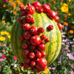 A unique and surreal image of a watermelon that has an abundance of vibrant pomegranates growing from its surface