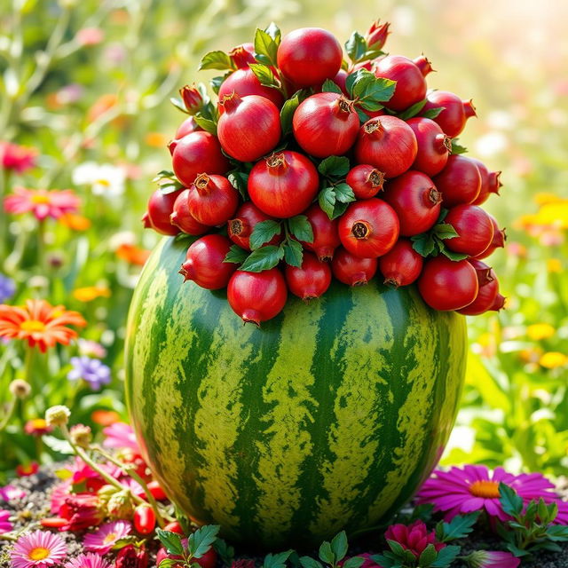 A unique and surreal image of a watermelon that has an abundance of vibrant pomegranates growing from its surface