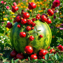 A unique and surreal image of a watermelon that has an abundance of vibrant pomegranates growing from its surface