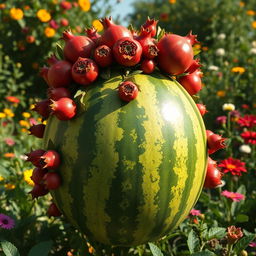 A unique and surreal image of a watermelon that has an abundance of vibrant pomegranates growing from its surface